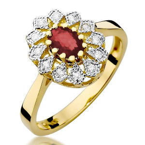 Złoty pierścionek z Rubinem 0,60ct i Diamentami złoto próby 585. W-0354R